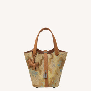 Tiger Warding Off Five Poisons Song Brocade Basket Bag | Brocade Modern