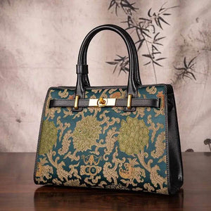 Handmade Song Brocade Chinoiserie Leather Kelly Bag Twining Flowers - SinoCultural -- W4188-1