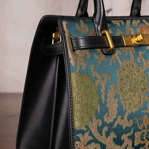 Handmade Song Brocade Chinoiserie Leather Kelly Bag Twining Flowers - SinoCultural -- W4188-1