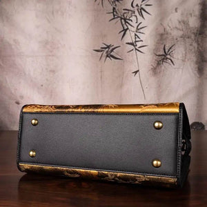 Handmade Xiangyunsha Silk Black Leather Kelly Bag Chinese Painting - SinoCultural -- W4188-2