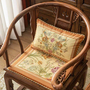 Chinoiserie Orange Spring Floral Bird Pattern Short Plush Chair Cushion - SinoCultural -- SC032A38