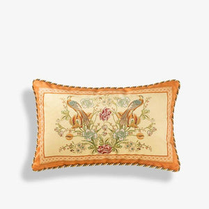 Chinoiserie Orange Spring Floral Bird Pattern Short Plush Lumbar Pillow - SinoCultural -- WP032A01