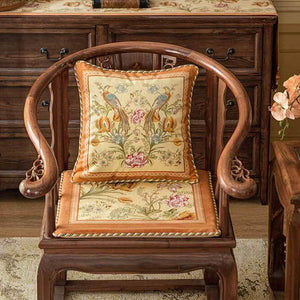Chinoiserie Orange Spring Floral Bird Pattern Short Plush Chair Cushion - SinoCultural -- SC032A38