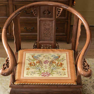 Chinoiserie Orange Spring Floral Bird Pattern Short Plush Chair Cushion - SinoCultural -- SC032A38