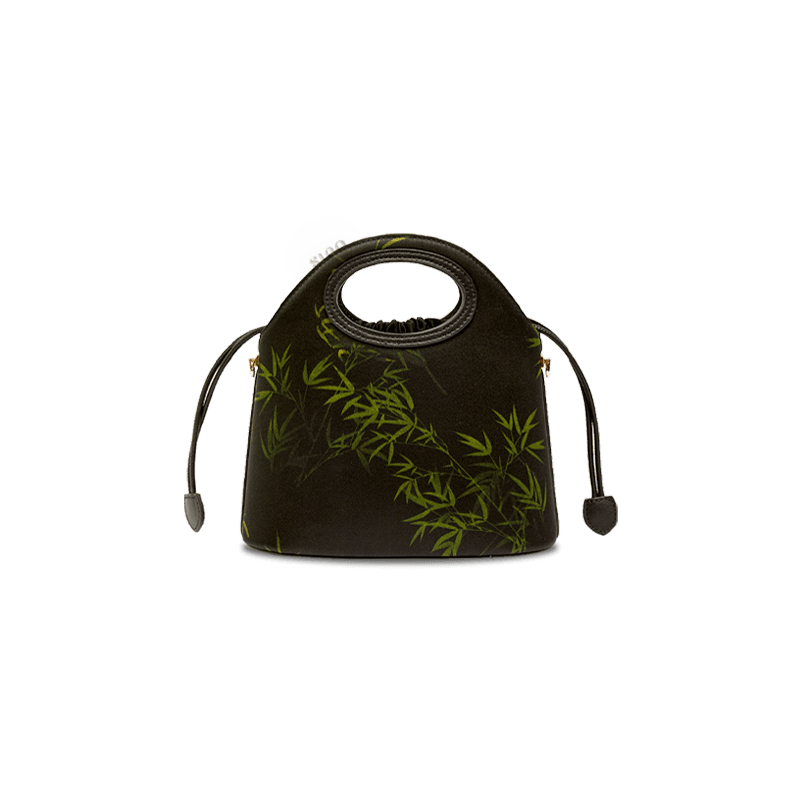 Xiangyunsha Silk Bamboo Black Drawstring Bucket Bag - SinoCultural -- YS120670-1