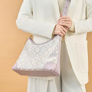 Zhuang Brocade Leather Shoulder Bag Tote Bag Romantic Purple - SinoCultural -- FJ220679