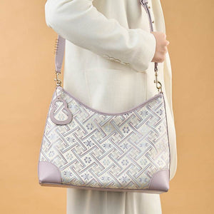 Zhuang Brocade Leather Shoulder Bag Tote Bag Romantic Purple - SinoCultural -- FJ220679