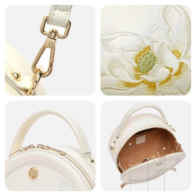 Embroidery Leather White Round Handbag Lotus - SinoCultural -- P120355