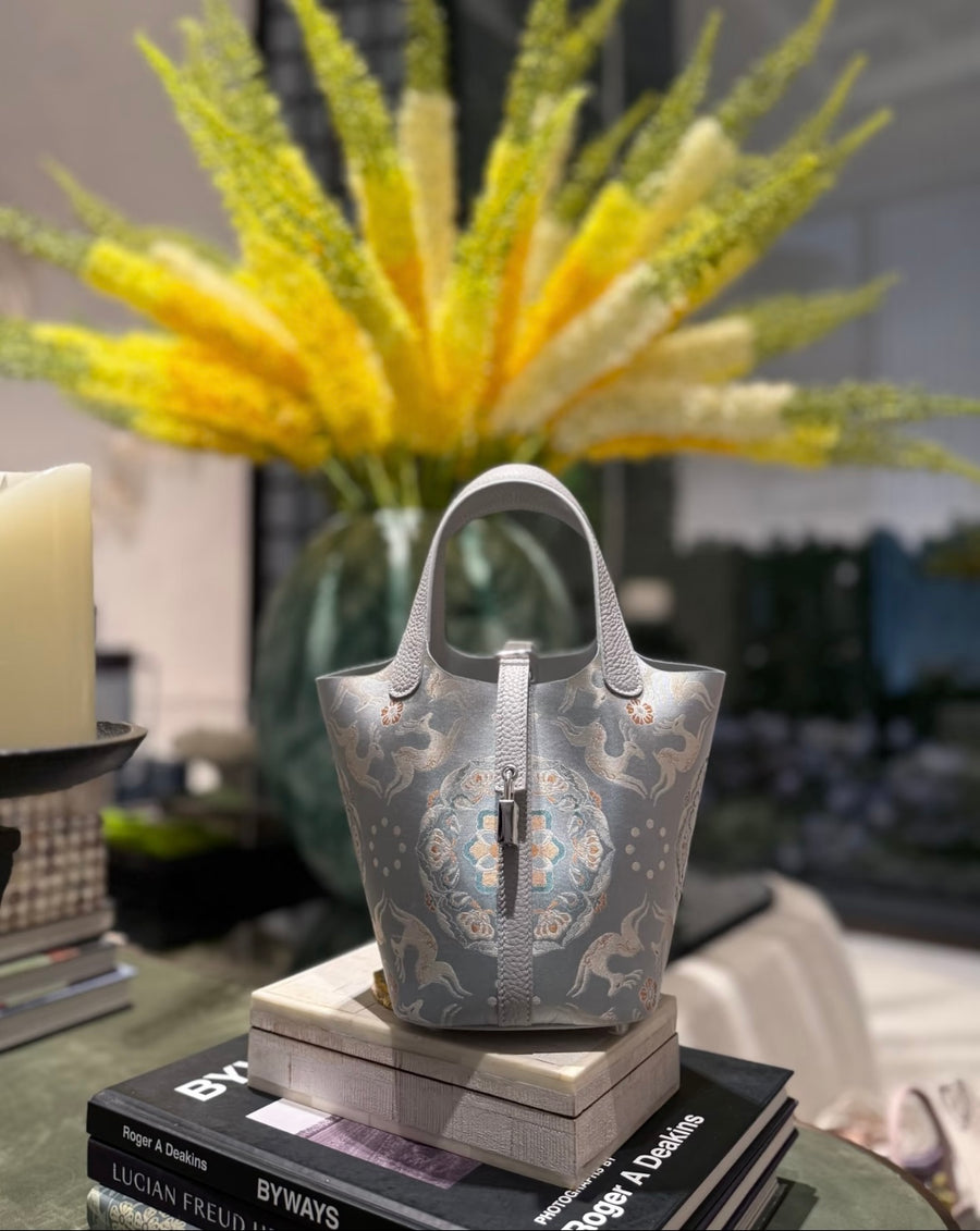 Baoxiang Blossom Running Deer Chinese Song Brocade handbag in elegant grey with an auspicious central motif and refined leather trim brocademodern