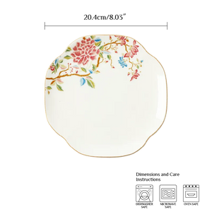Size diagram: 8" x 8" x 0.6" floral bone china plate with measurements.