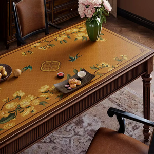 Right floral swallow pattern and leather texture on rectangular table.