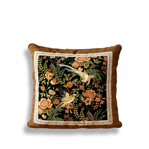 Luxury chinoiserie magpie blossoms pillow, full embroidery.