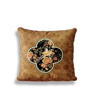 Luxury chinoiserie magpie blossoms pillow, ruyi shape embroidery.