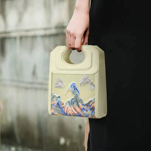 Chinoiserie Mountains Painting Hand Embroidered Leather Handle Bag - SinoCultural -- SX120779