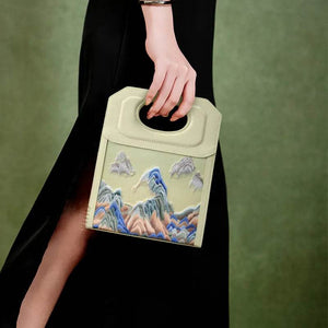 Chinoiserie Mountains Painting Hand Embroidered Leather Handle Bag - SinoCultural -- SX120779