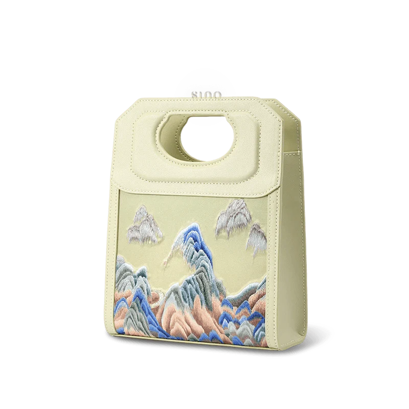 Chinoiserie Mountains Painting Hand Embroidered Leather Handle Bag - SinoCultural -- SX120779