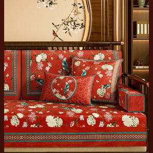 Chinoiserie Royal Red Magpie & Hydrangea Sofa Slipcover - SinoCultural -- S0C002A9090