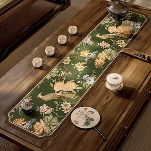 Chinoiserie Tea Table Runner Vintage Leather Mountain Hydrangea Mat - SinoCultural -- TM062C2550