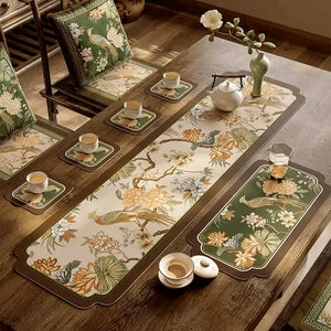 Chinoiserie Tea Table Runner Vintage Leather Mountain Hydrangea Mat - SinoCultural -- TM062C2550