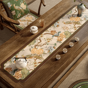 Chinoiserie Tea Table Runner Vintage Leather Mountain Hydrangea Mat - SinoCultural -- TM062C2550