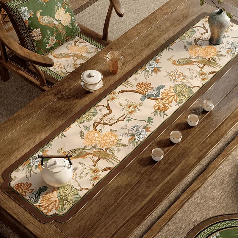 Chinoiserie Tea Table Runner Vintage Leather Mountain Hydrangea Mat - SinoCultural -- TM062C2550