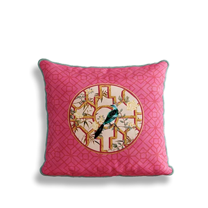 Style B chinoiserie window lattice birds blossoms square pillow.