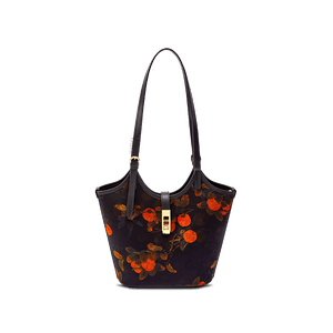 Xiangyunsha Silk Leather Printed Persimmon Bucket Bag - SinoCultural -- YS120762