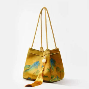 Chinese Painting Mulberry Silk Bucket Bag Vintage Handbag - SinoCultural -- P17062005-2