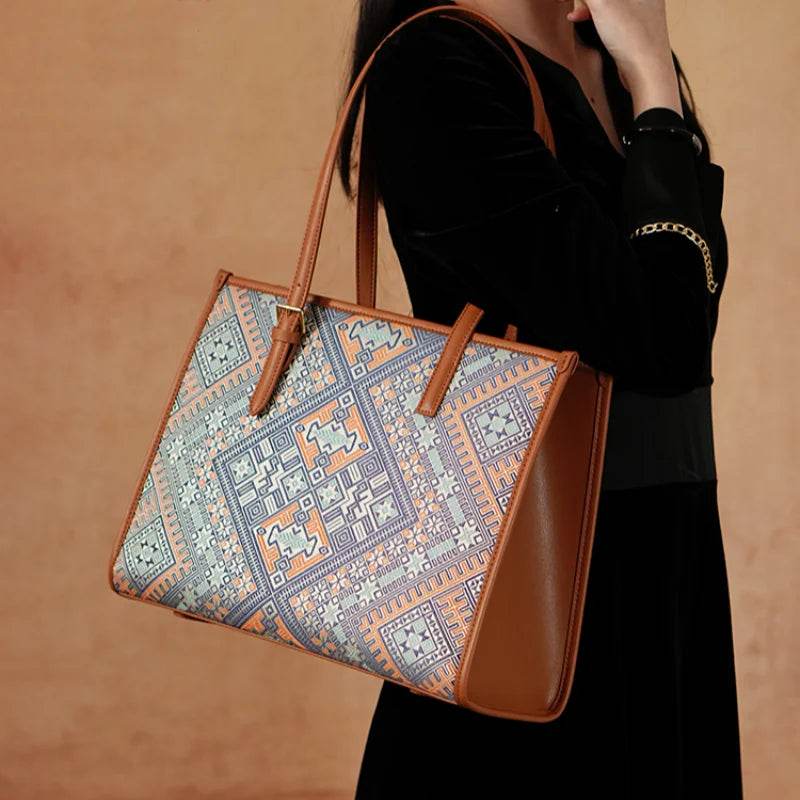 Zhuang Brocade Handicraft Large-Capacity Commuter Tote Bag - SinoCultural -- FJ120765-2