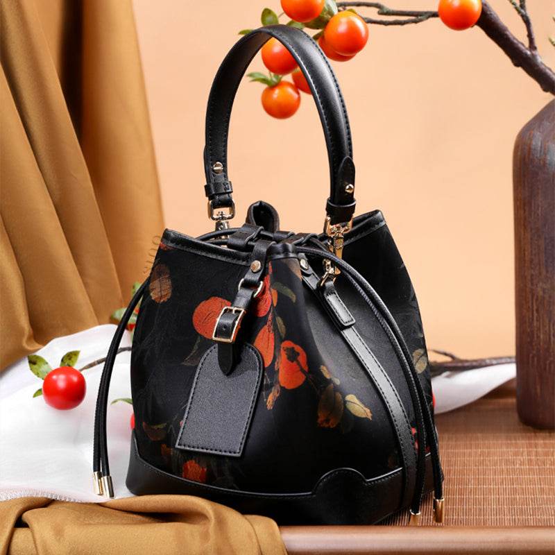 Xiangyunsha Silk Leather Printed Persimmon Bucket Bag - SinoCultural -- YS220680