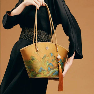 Chinese Painting Mulberry Silk Tote Bag Green Women Handbag - SinoCultural -- P220263-2