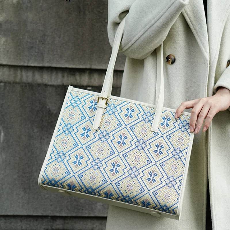 Zhuang Brocade Handicraft Large-Capacity Commuter Tote Bag - SinoCultural -- FJ120765-2