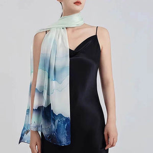 100% Mulberry Silk Ink Wash Landscape Design Long Scarf 180 x 50 Cm - SinoCultural -- LS076-1