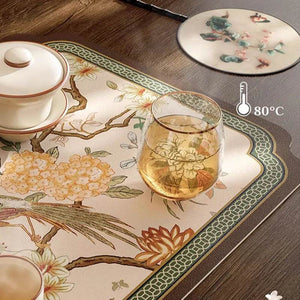 Chinoiserie Tea Table Runner Vintage Leather Mountain Hydrangea Mat - SinoCultural -- TM062C2550