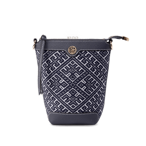 Zhuang Brocade Flying Swallow Motif Embroidered Leather Bucket Crossbody Bag - SinoCultural -- FJ210617