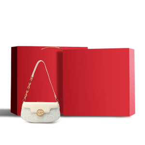 Premium red gift box for octagonal brocade shoulder bag.