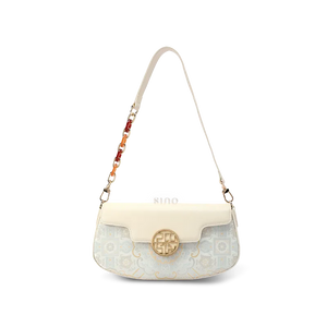 White octagonal brocade shoulder bag with gradient pattern.