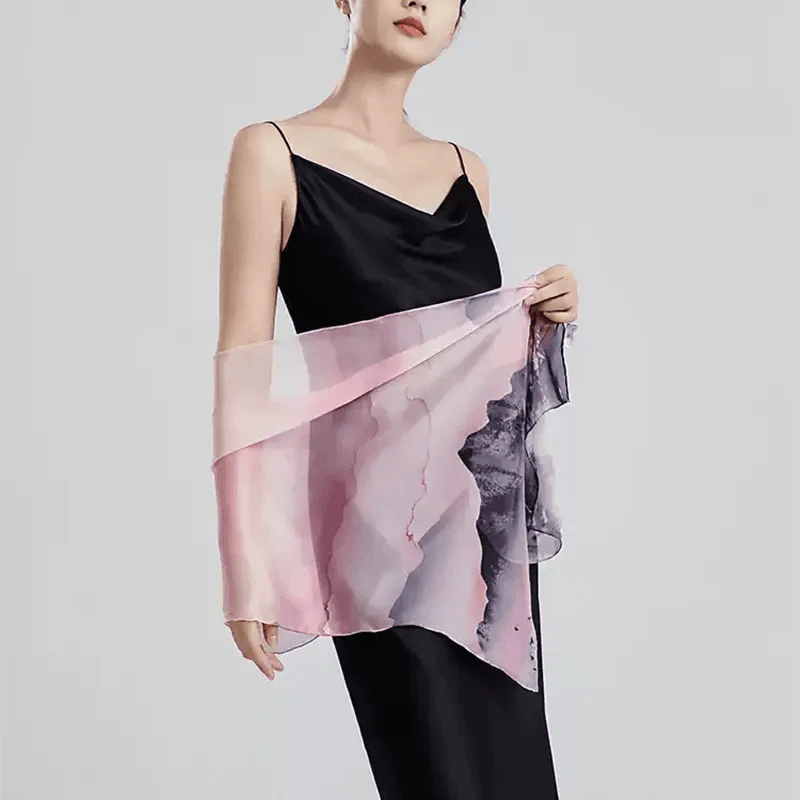 100% Mulberry Silk Ink Wash Landscape Design Long Scarf 180 x 50 Cm - SinoCultural -- LS076-1