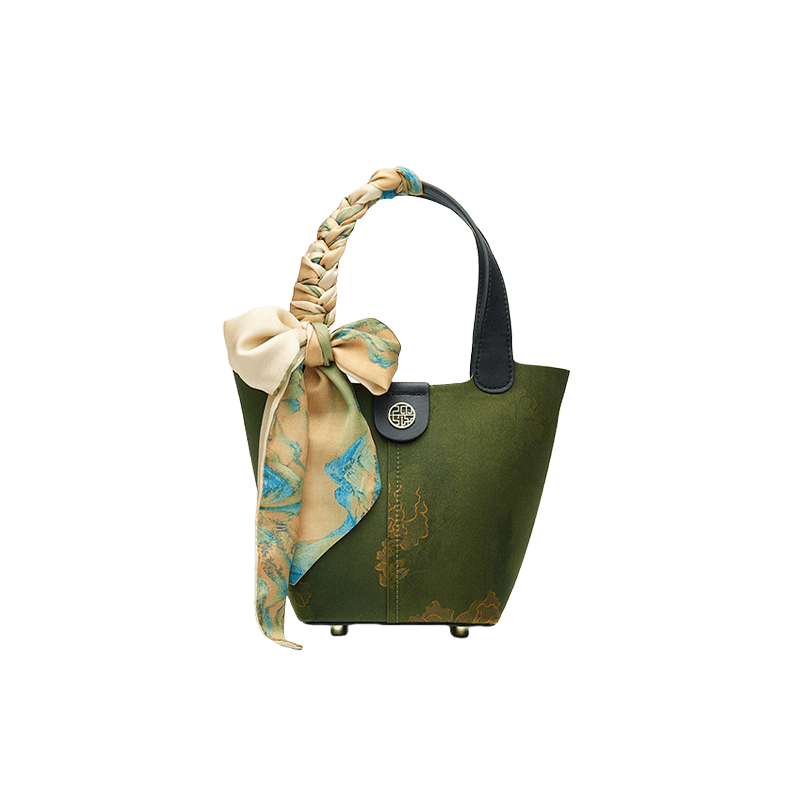Xiangyunsha Silk Dark Green Bucket Bag with Scarf - SinoCultural -- P170203