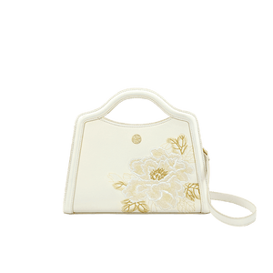 Embroidery Peony White Leather Tote Bag - SinoCultural -- P120432
