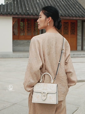 Graceful Lady Embroidered Leather Accordion Bag | Morning Glory Chinese Handbag | Brocade Modern