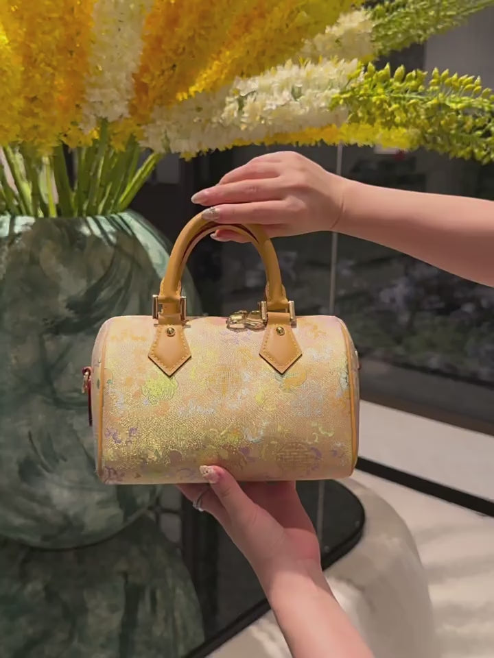 New Chinese Style Song Brocade Boston Bag – Heritage Silk Brocade & Top-Grain Leather