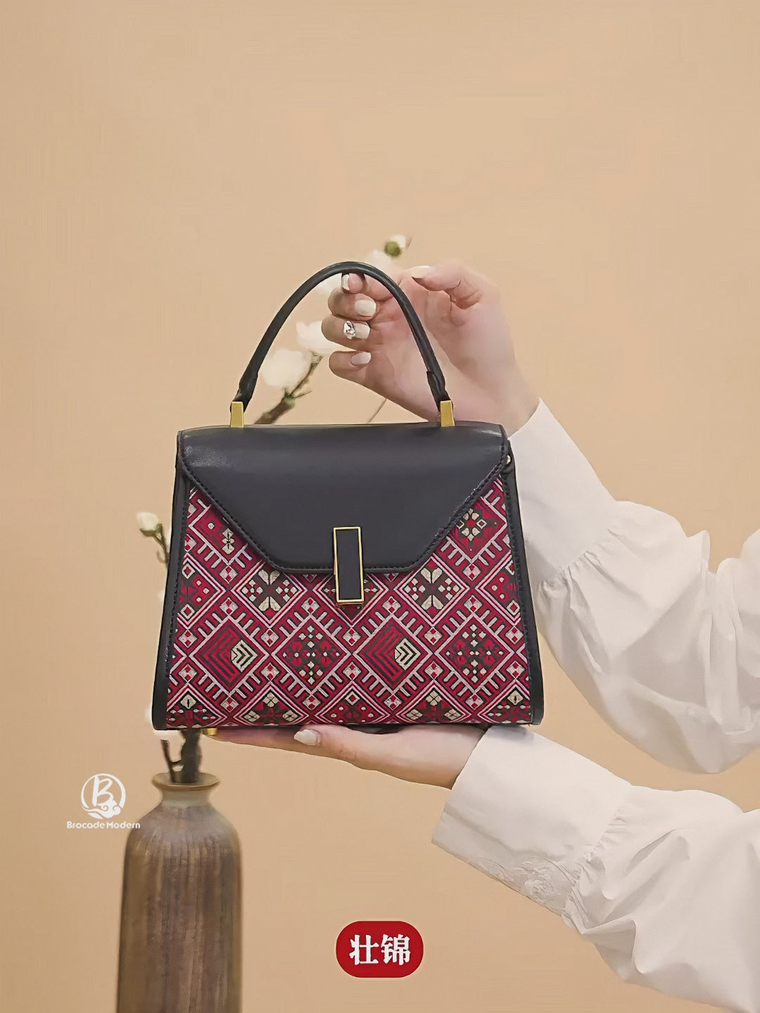 Heritage Zhuang Brocade New Chinese Style Kelly Bag – Crimson Blossom