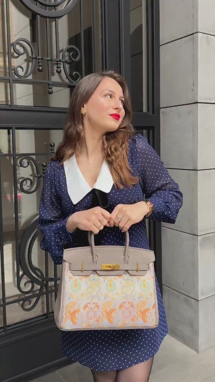Chinoiserie Luxury Song Brocade Aesthetic Top-Handle Bag — Grey Dragon & Phoenix Lotus