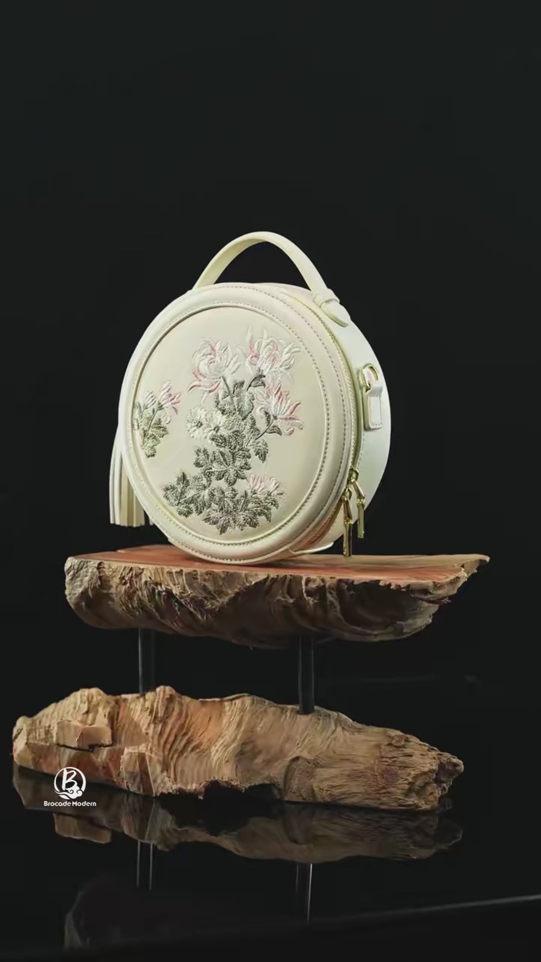 Gu (古) Series Round Bag | Chinese Embroidered Epiphyllum & Plum Blossom Bag | Brocade Modern