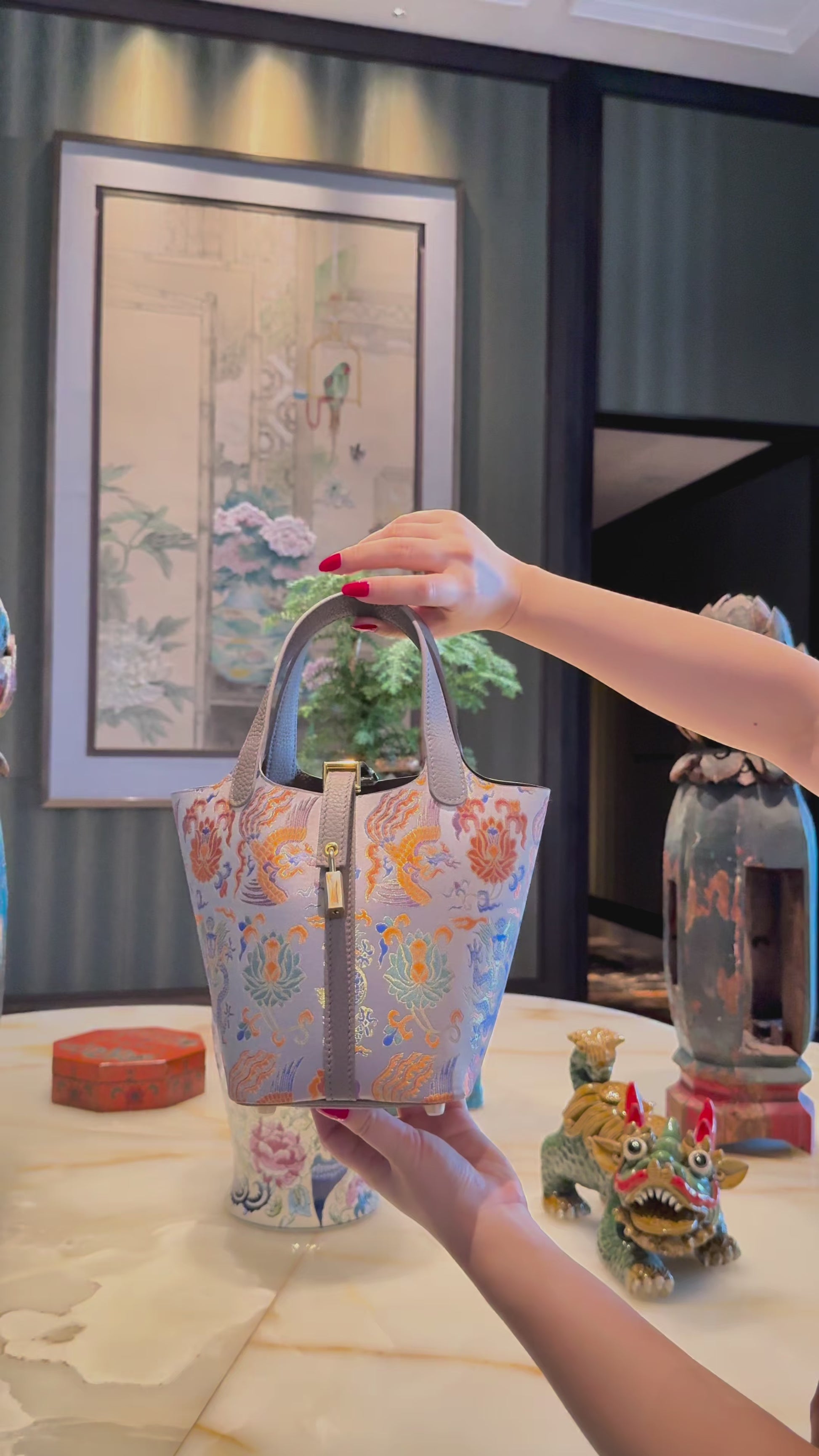 Song Brocade Silk & Leather Bucket Bag – Handmade Top Handle Bag