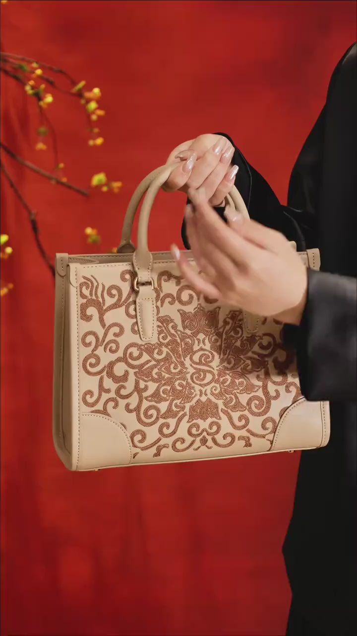 Luxury Embroidered  New Chinese Style Small Tote Bag – Scrolling Lotus Motif