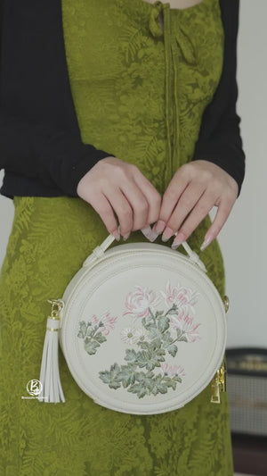 Gu (古) Series Round Bag | Chinese Embroidered Epiphyllum & Plum Blossom Bag | Brocade Modern
