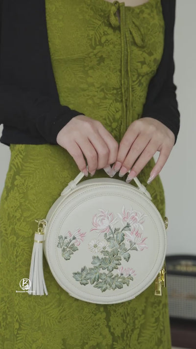 Gu (古) Series Round Bag | Chinese Embroidered Epiphyllum & Plum Blossom Bag | Brocade Modern