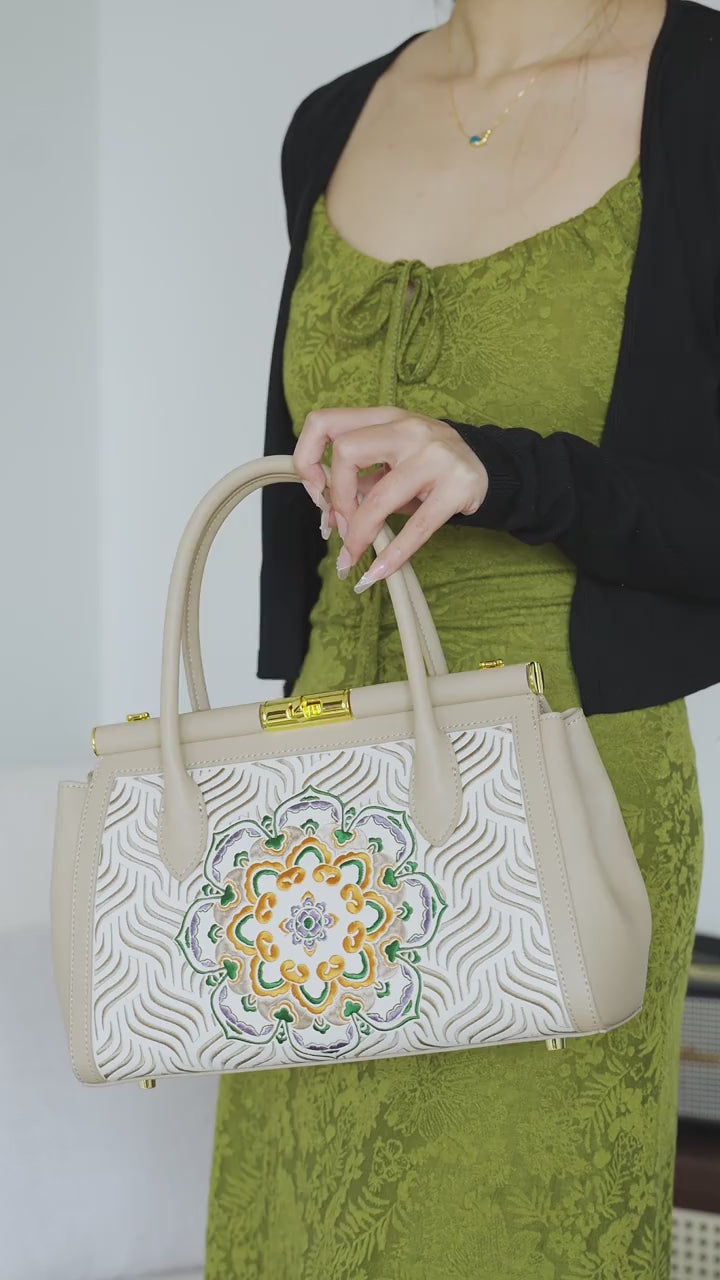 Luxury Embroidered  New Chinese Style Tote Bag – Blooming Medallion & Flowing Water
